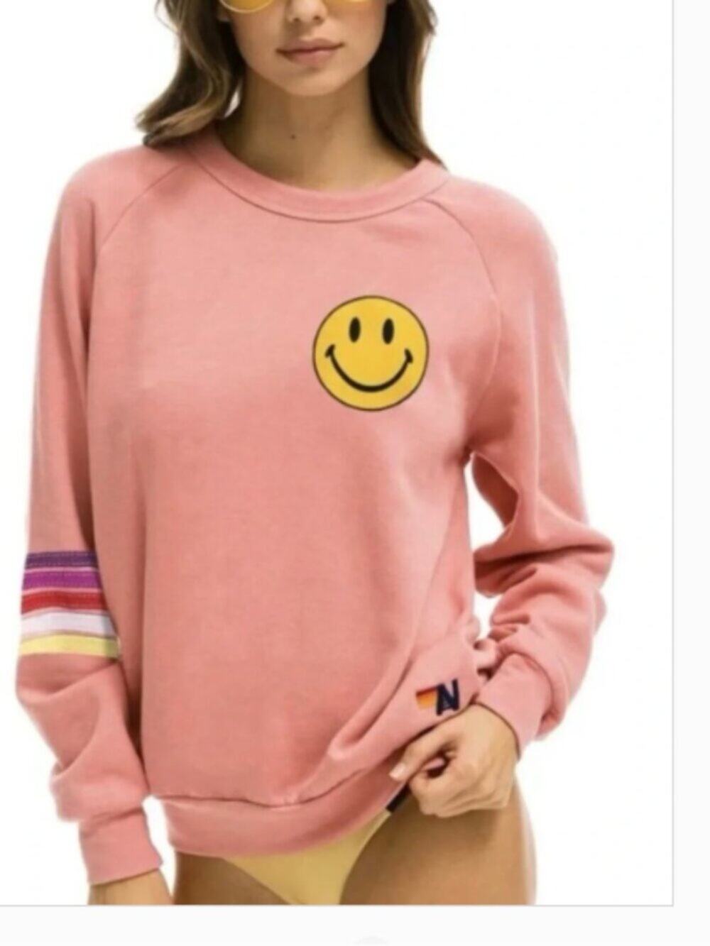 Aviator Nation 5 Stripe Smiley Face Rose Petal Sweatshirt Sz XXL
